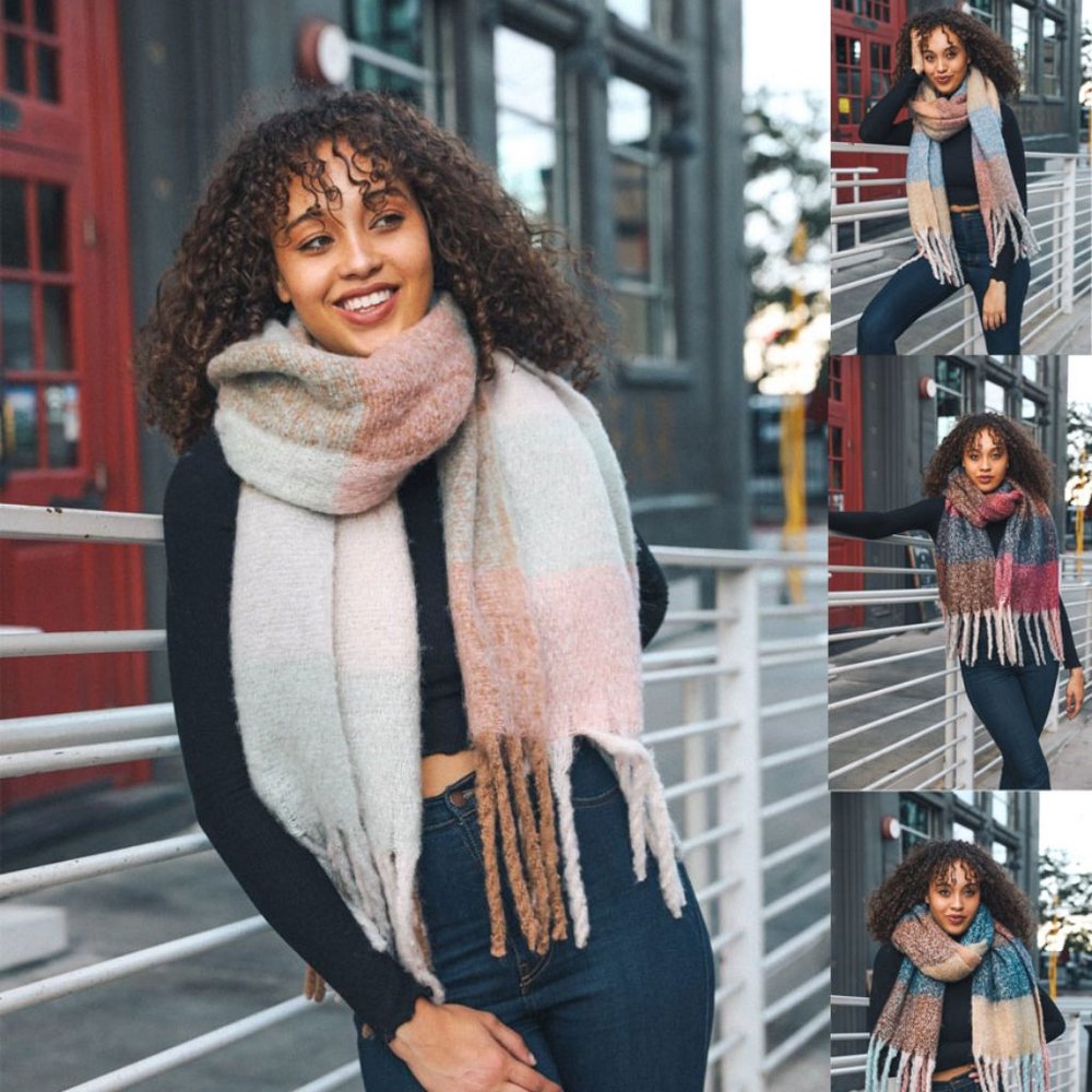 Oversized Color Block Tassel Trim Scarf